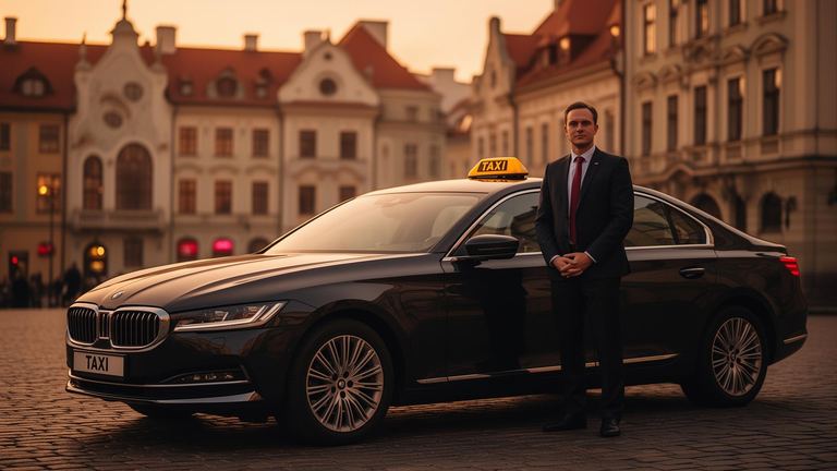 Latviešu taxi šoferis pie auto Vecrīgā saulrietā