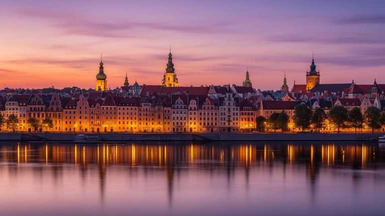 Rīgas vecpilsēta saulrietā ar Daugavas atspulgiem